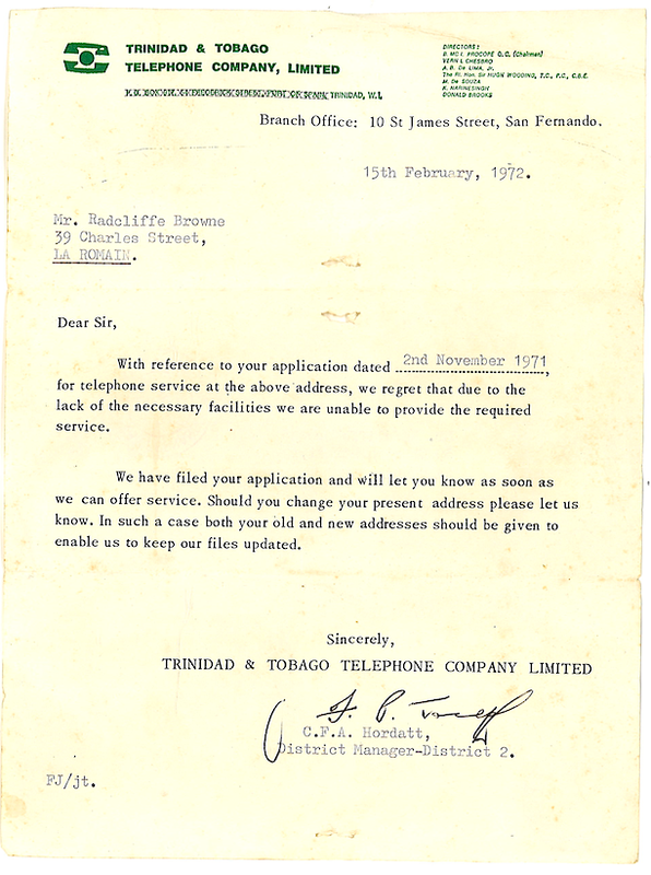Rejection letter to Radcliffe Browne from Trinidad and Tobago Telephone Company Limited, 1972. The Caribbean Memory Project, People, Radcliffe Browne, Portraits, Biographies, Histories, Your Stories, Audio, Video, Family Tree, documents, 
