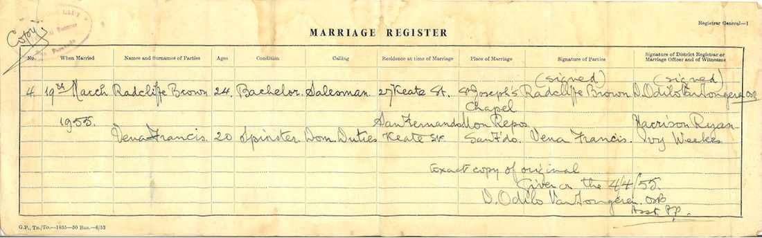 The Caribbean Memory Project, People, Radcliffe Browne, Portraits, Biographies, Histories, Your Stories, Audio, Video, Family Tree, documents, Radcliffe and Vena Browne marriage certificate, 1955 
