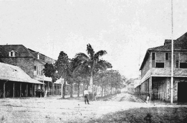 Broadway (Almond Walk), south of Marine Square. Port of Spain (1869) Photograph J.W.H. Campion, Barbados.jpg