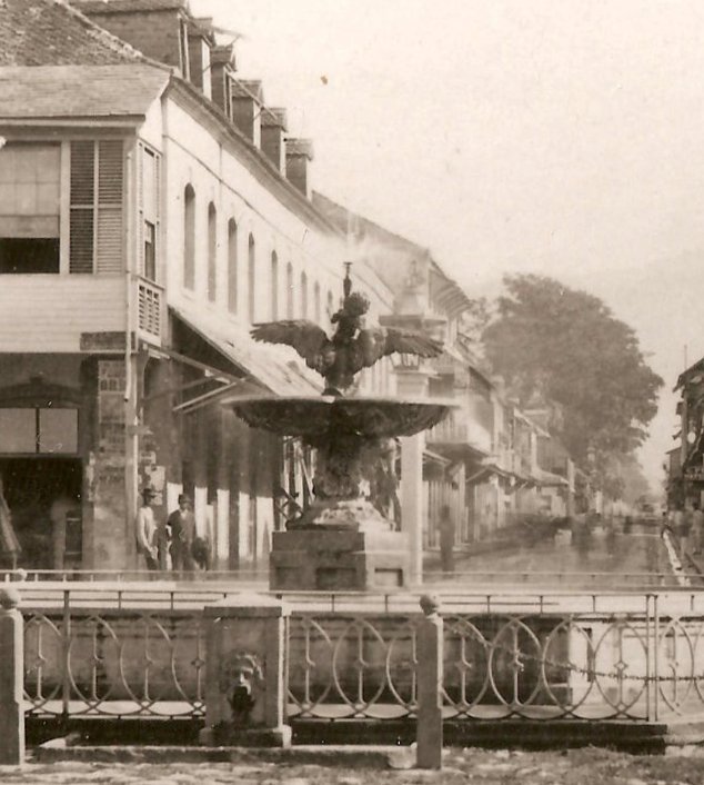 Detail of the Cherub and Swan forming the fountain originally at the junction of King (Frederick) Street and Marine (Independence) Square. The Cherub was sitting on the swan's back with it's arms around it's neck. (c.1880)